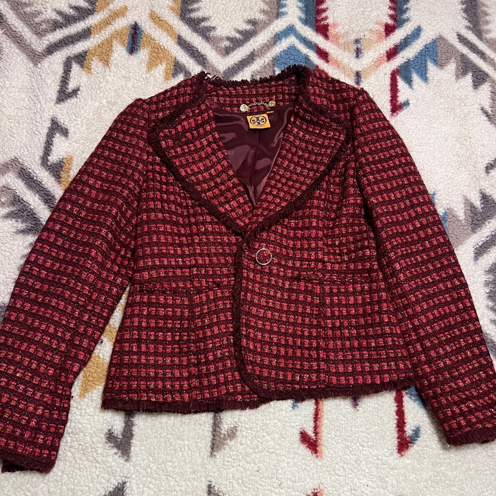 Tory Burch tweed blazer burgundy